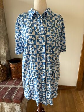 Tropical Blue and White Floral Shirt Dress